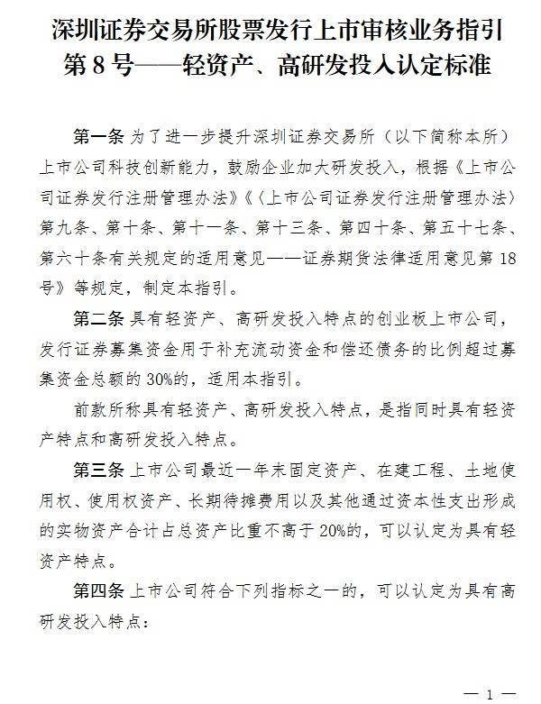 豪配投资 深交所明确创业板“轻资产、高研发投入”认定标准